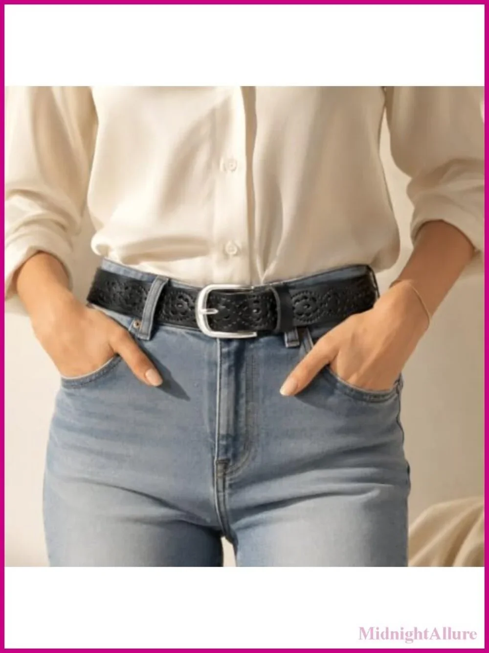Genuine Leather Belt Hollow Floral Pin Buckle Adjustable Waist Slimming